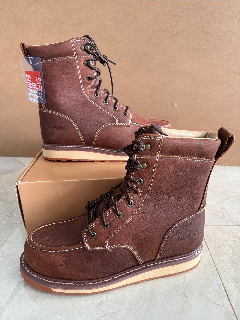 NINGO Steel Toe Full Grain Leather Brown Moc Toe Waterproof Work Boots 11 NEW!